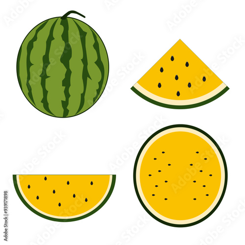 set of yellow watermelon with various slices (whole, half, quarter)