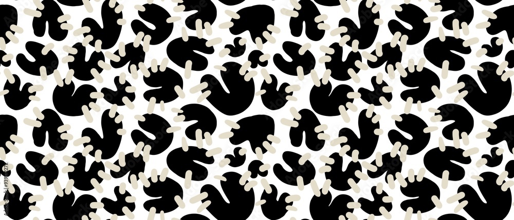 Fototapeta premium Seamless abstract geometric pattern. Simple background in black, beige, white. Digital brush strokes, stains, lines, hearts. Design for textile fabrics, wrapping paper, background, wallpaper, cover.