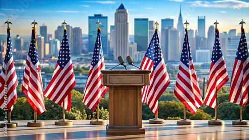 Official ceremony podium with American flags, patriotic bunting, and dignitaries' chairs set against a blurred cityscape backdrop, symbolizing national pride and democratic transition. photo