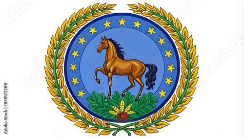 Official emblem of the Bluegrass State featuring a circular design with a horse, a pioneer, and a settlement surrounded by a wreath of goldenrod blooms. photo