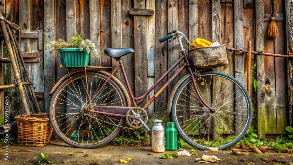 Old, rusty bicycle propped against a worn, wooden fence, surrounded by cleaning supplies, rags, and brushes, awaiting restoration to its former glory. Old, rusty bicycle propped against a worn, wooden fence, surrounded by cleaning supplies, rags, and brushes, awaiting restoration to its former glory.