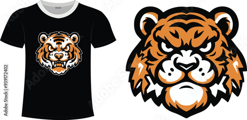 Fierce Bengal angry Tiger face T-Shirt Design Aggressive Wild Beast head front view Artistic Roaring Feline Cartoon Illustration Creative Vector clip Art for Wildlife animal Lovers graphic png logo photo