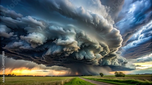 Ominous dark clouds with heavyCumulonimbus formation loom in the severe weather sky, conveying a sense of foreboding and imminent stormy turmoil.