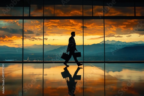 A silhouette of a traveler carrying two briefcases walking across an airport terminal at sunset, with stunning mountain views through the large windows.