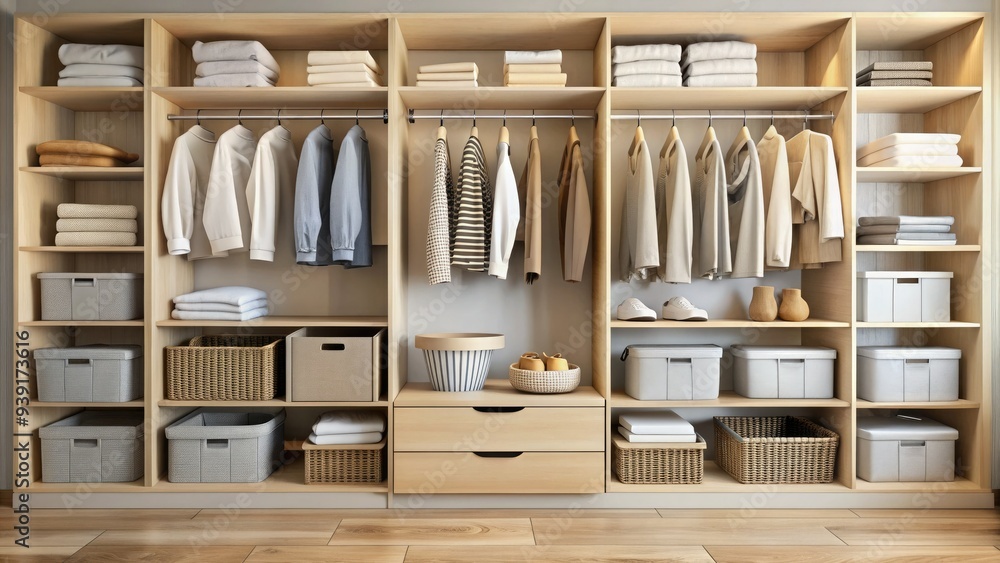 Organized closet with neatly folded clothes and stacked boxes, showcasing a minimalist and clutter-free space with a sense of serene simplicity and joyful tidiness. Organized closet with neatly folded clothes and stacked boxes, showcasing a minimalist and clutter-free space with a sense of serene simplicity and joyful tidiness.
