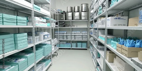 A sterile medical supply storage room with metal shelving units filled with medical supplies.