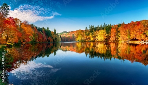 秋の紅葉の鮮やかな色を映し出す鏡のような湖