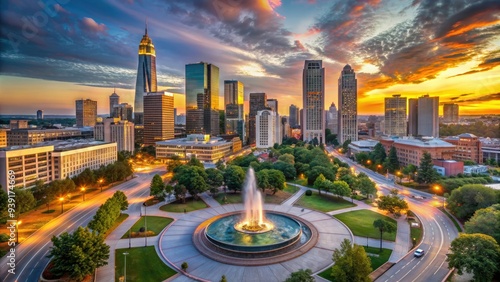 Panoramic view of Atlanta's vibrant downtown skyline at sunset, featuring sleek skyscrapers, bustling streets, and the iconic Centennial Olympic Park fountain in the foreground.
