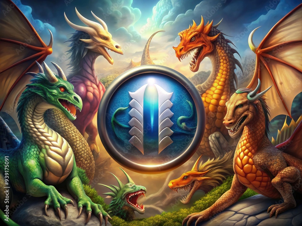 Fototapeta premium Pause-Button-Icon-Fantasy-Dragon: Whimsical pause icon surrounded by mythical dragons, igniting imagination and wonder.