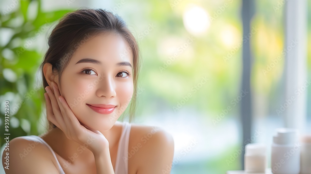A young woman with a happy expression, touching her cheek near a window A young woman with a happy expression, touching her cheek near a window