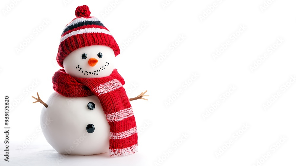 A small snowman wearing a red and black striped hat and scarf.
A small snowman wearing a red and black striped hat and scarf.