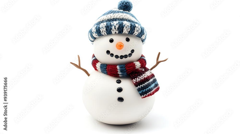 A small snowman wearing a red and black striped hat and scarf.
A small snowman wearing a red and black striped hat and scarf.