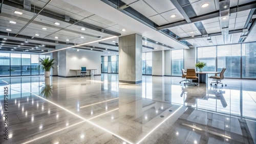 Polished commercial concrete floor with subtle shine reflecting office interior, featuring subtle texture and minimalist design in a modern corporate setting.