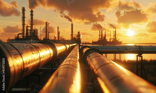 Close-up view of a pipeline with a refinery in the background at sunset.