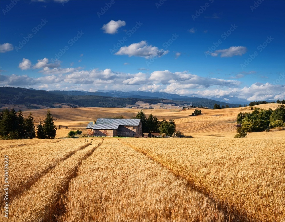 Fototapeta premium 広大な青空の下、黄金色の小麦畑。遠くに素朴な農家