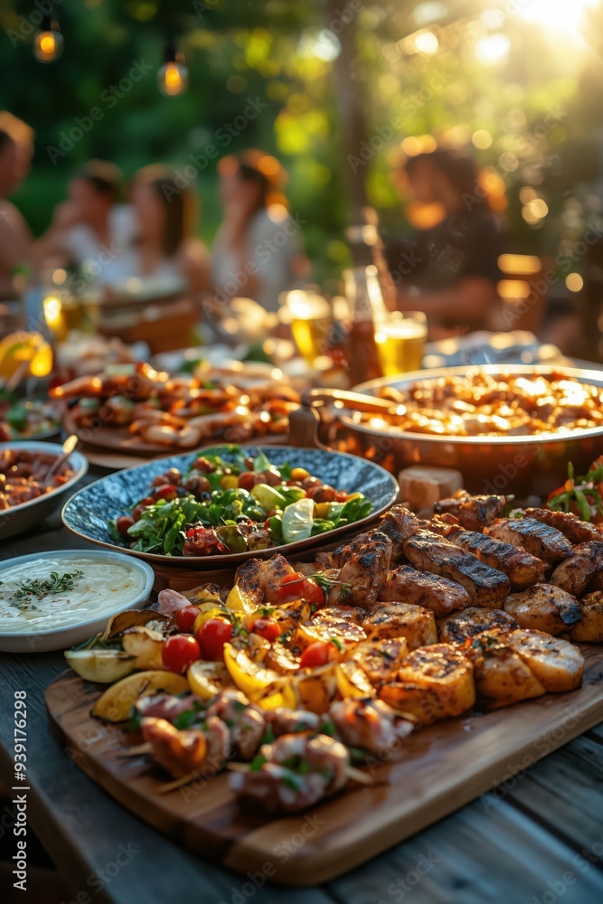 Sunkissed summer evening with friends and family having an outdoor barbecue party in the garden Sunkissed summer evening with friends and family having an outdoor barbecue party in the garden
