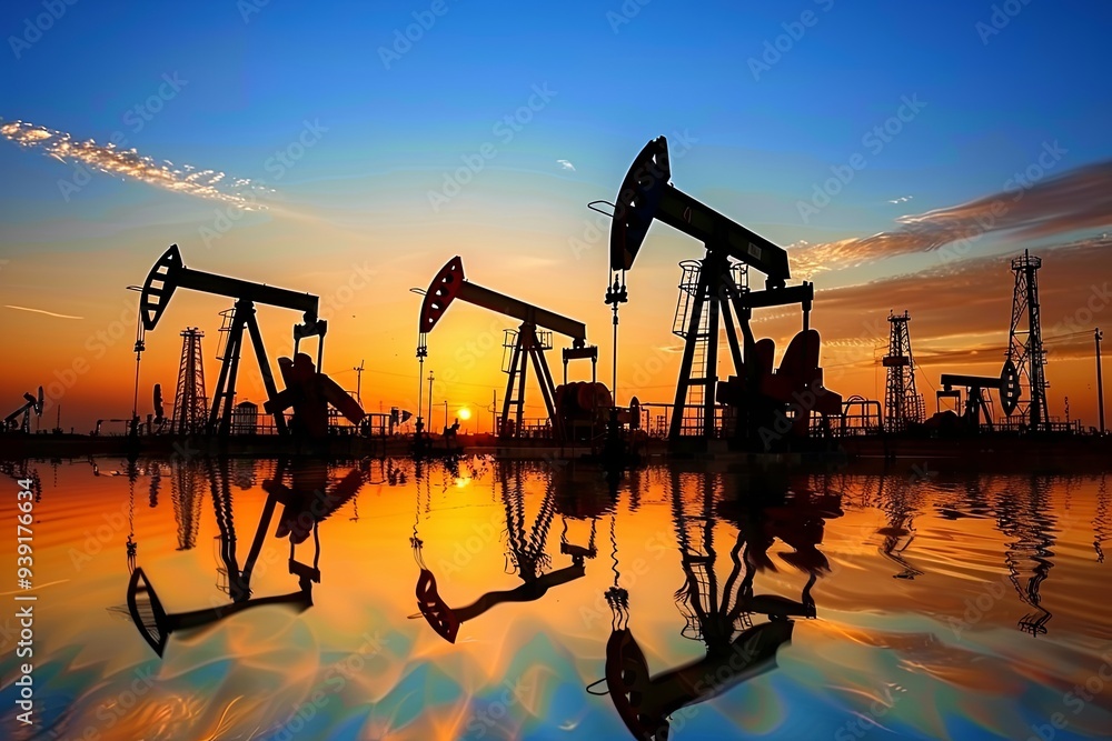 Silhouettes of oil rigs at sunset reflecting on water. Silhouettes of oil rigs at sunset reflecting on water.