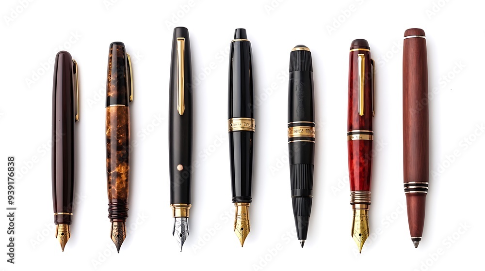 Different colored and styled fountain pens are lined up. Different colored and styled fountain pens are lined up.
