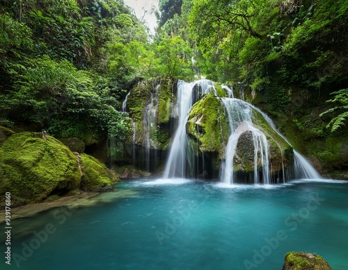 苔むした岩と鮮やかな葉に囲まれた、透明なプールに流れ落ちる美しい滝