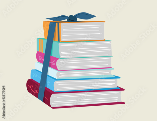 Stack of books wrapped with a blue ribbon