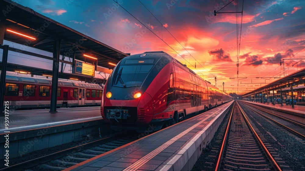 Naklejka premium Beautiful railway station with modern high speed red commuter train at colorful sunset.