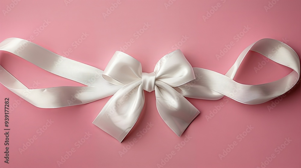 White ribbon with bow on pink background for greeting card concept White ribbon with bow on pink background for greeting card concept