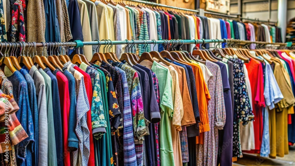 Rack of assorted pre-owned garments in various colors and patterns, including shirts, pants, and dresses, amidst a busy thrift store or second-hand shop backdrop. Rack of assorted pre-owned garments in various colors and patterns, including shirts, pants, and dresses, amidst a busy thrift store or second-hand shop backdrop.
