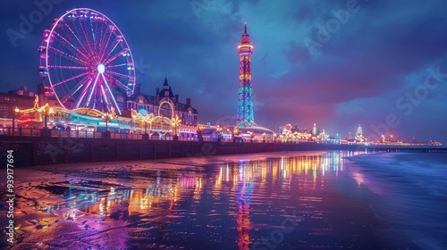 Blackpool Tower and Central Pier Ferris Wheel, Lancashire, England, UK