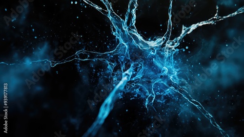 A visually striking abstract image resembling a neuron structure exploding in blue hues against a deep black background photo