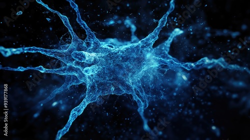 A visually striking abstract image resembling a neuron structure exploding in blue hues against a deep black background photo