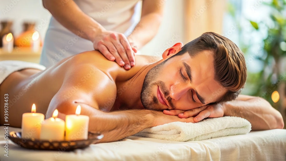 Relaxed male receives a soothing spa massage, eyes closed in serenity, as skilled hands work out knots and tension in his strong, muscular back. Relaxed male receives a soothing spa massage, eyes closed in serenity, as skilled hands work out knots and tension in his strong, muscular back.