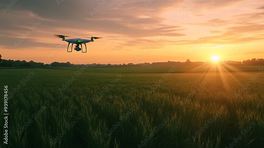 A drone is flying over a green field at sunset.
A drone is flying over a green field at sunset.