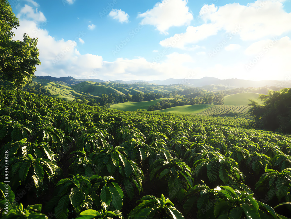 Scenic view of lush green agricultural fields under a bright blue sky, showcasing rolling hills and distant mountains. Scenic view of lush green agricultural fields under a bright blue sky, showcasing rolling hills and distant mountains.