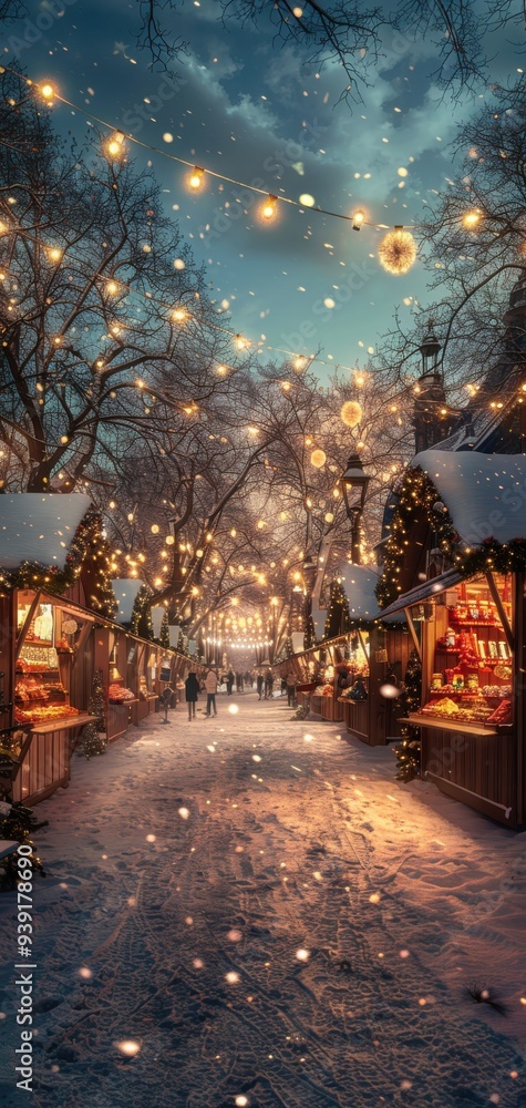 Obraz premium Enchanting snowy Christmas market with festive lights, decorated stalls, and joyful atmosphere in a winter wonderland scene.