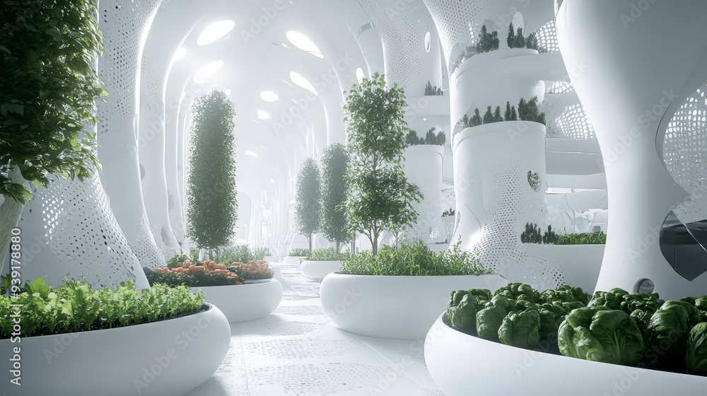 Obraz premium Modern indoor vertical microgreens farm with white futuristic design. Numerous green plants grow in columns. Concept of sustainable agriculture
