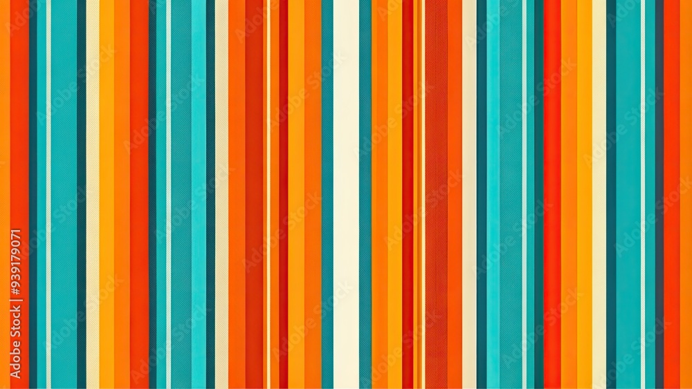 Obraz premium Retro colorful striped pattern fills the frame, evoking the iconic 1970s fashion trend, with bold and bright hues of orange, yellow, and turquoise.