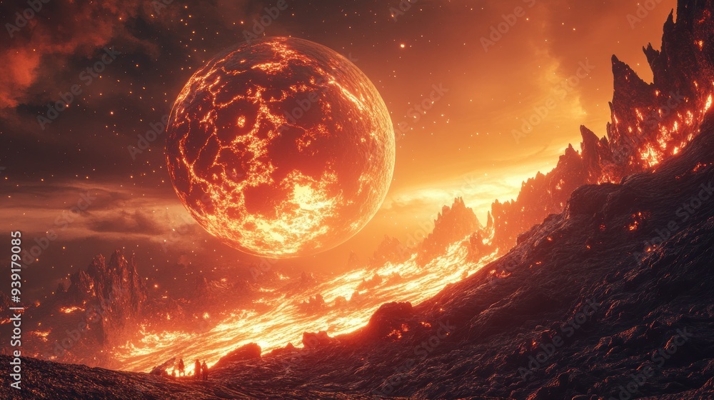 A fiery planet with molten lava flowing on its surface A fiery planet with molten lava flowing on its surface