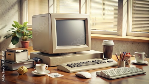 Retro beige desktop computer with bulky CRT monitor, keyboard, and mouse, surrounded by scattered papers and empty soda cans on a cluttered office desk.