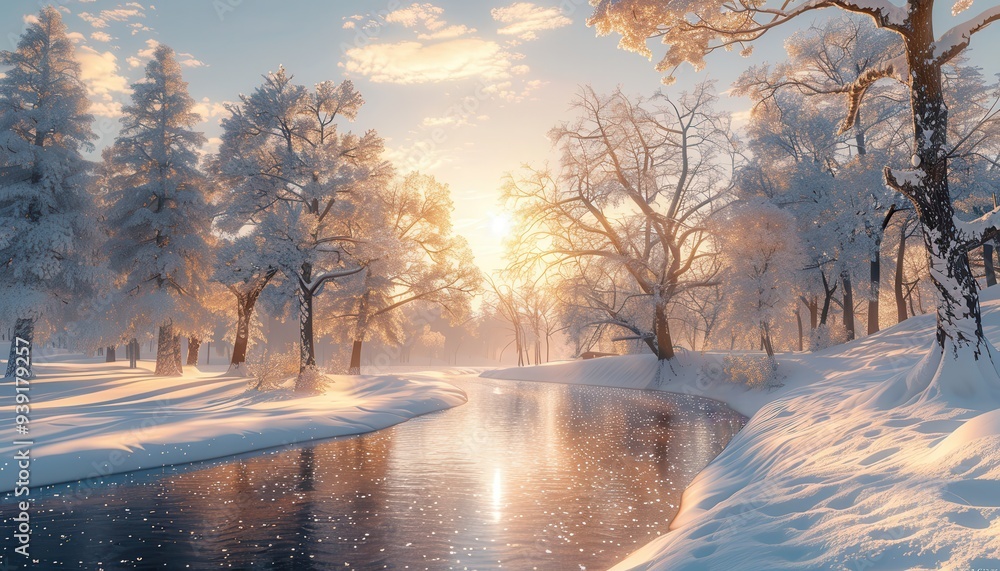 A serene winter landscape at dawn, featuring a snow-covered forest and a peaceful river reflecting the soft morning sunlight. A serene winter landscape at dawn, featuring a snow-covered forest and a peaceful river reflecting the soft morning sunlight.