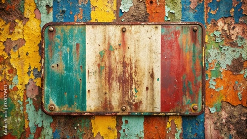 Retro-style, worn, semi-glossy paint chipped away from a distressed, vintage metal sign, revealing a faded, multicolored background with subtle texture and nostalgic charm.