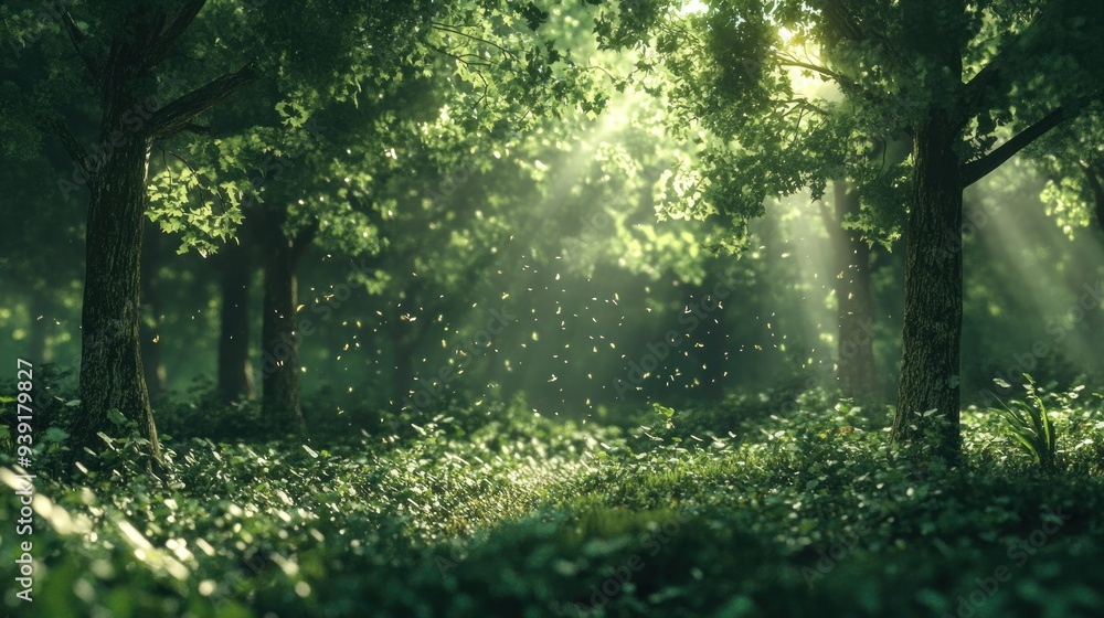 Fototapeta premium Sunlight Filtering Through Lush Green Forest Canopy