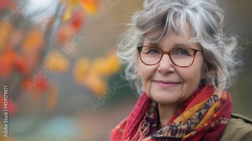 A smiling elderly woman with curly gray hair, wearing glasses and a colorful scarf, surrounded by autumn foliage.