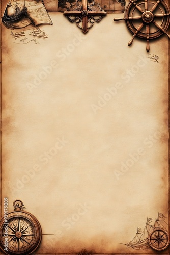 Vintage Nautical Treasure Map with Compass and Ship's Wheel on Parchment Background