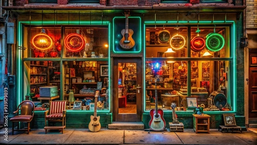 Retro-style pawnshop storefront with neon signs, cluttered shelves, and eclectic assortment of second-hand items, evoking nostalgia and urban grit.