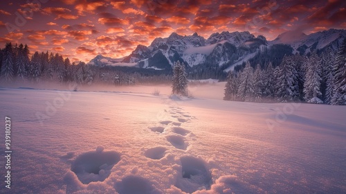 Snowy Mountain Landscape at Sunset with Footprints Leading into the Forest - Winter Wonderland