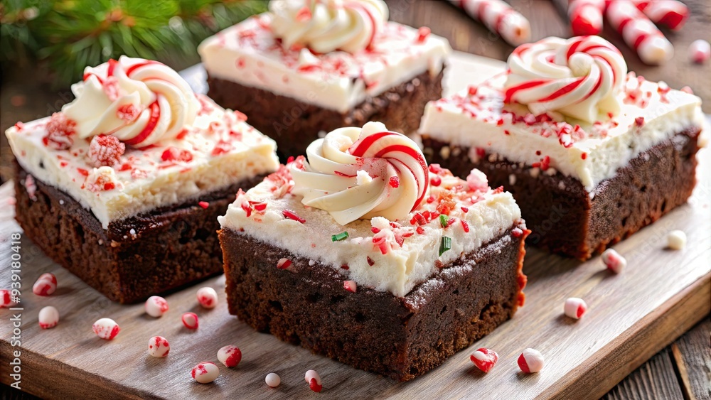 Rich, fudgy brownie squares topped with a swirl of creamy peppermint frosting and sprinkled with crushed candy canes, perfect for a festive holiday treat. Rich, fudgy brownie squares topped with a swirl of creamy peppermint frosting and sprinkled with crushed candy canes, perfect for a festive holiday treat.