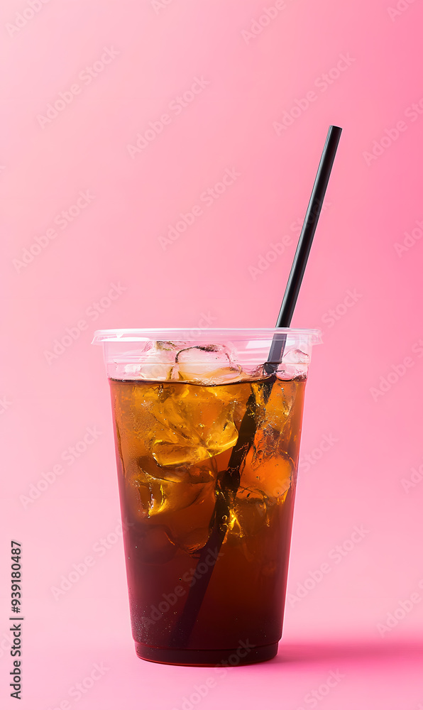 Cold tea drink in plastic cup isolated on pink background Cold tea drink in plastic cup isolated on pink background