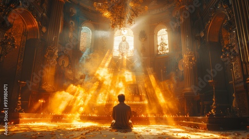 A lone man at a temple altar, bathed in sunlight. He prays before a Christian cross and sacred icons, experiencing a divine connection. photo