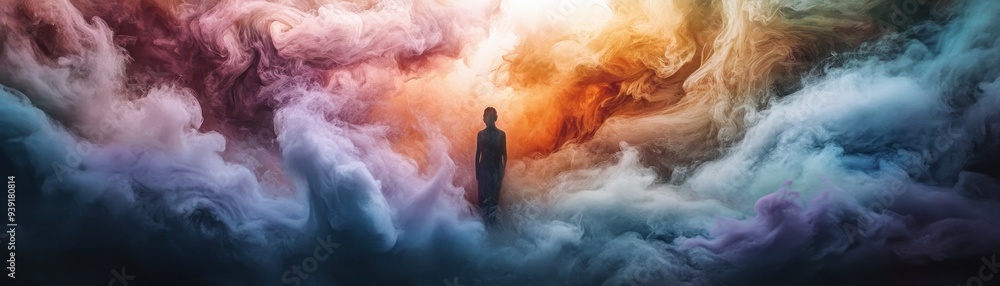 Obraz premium A Solitary Figure Standing in a Dreamlike Swirl of Colorful Smoke