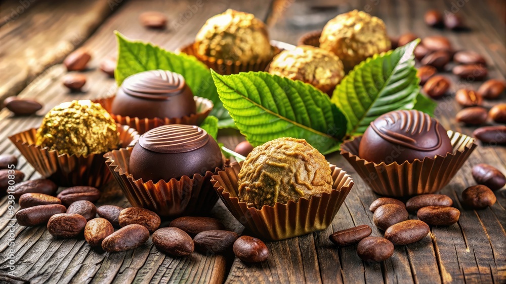 Rich chocolate truffles with golden wrappers are artfully arranged on a wooden background, surrounded by cocoa beans and leaves, evoking a sense of luxury and indulgence. Rich chocolate truffles with golden wrappers are artfully arranged on a wooden background, surrounded by cocoa beans and leaves, evoking a sense of luxury and indulgence.